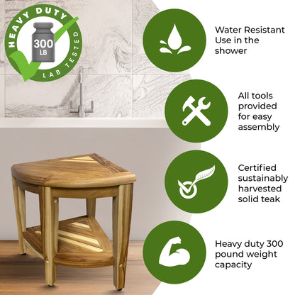EcoDecors, Banc de douche d'angle Snazzy, Tabouret de douche en teck, Tabouret d'angle pour douche, Banc d'angle pour douche en teck, avec étagère
