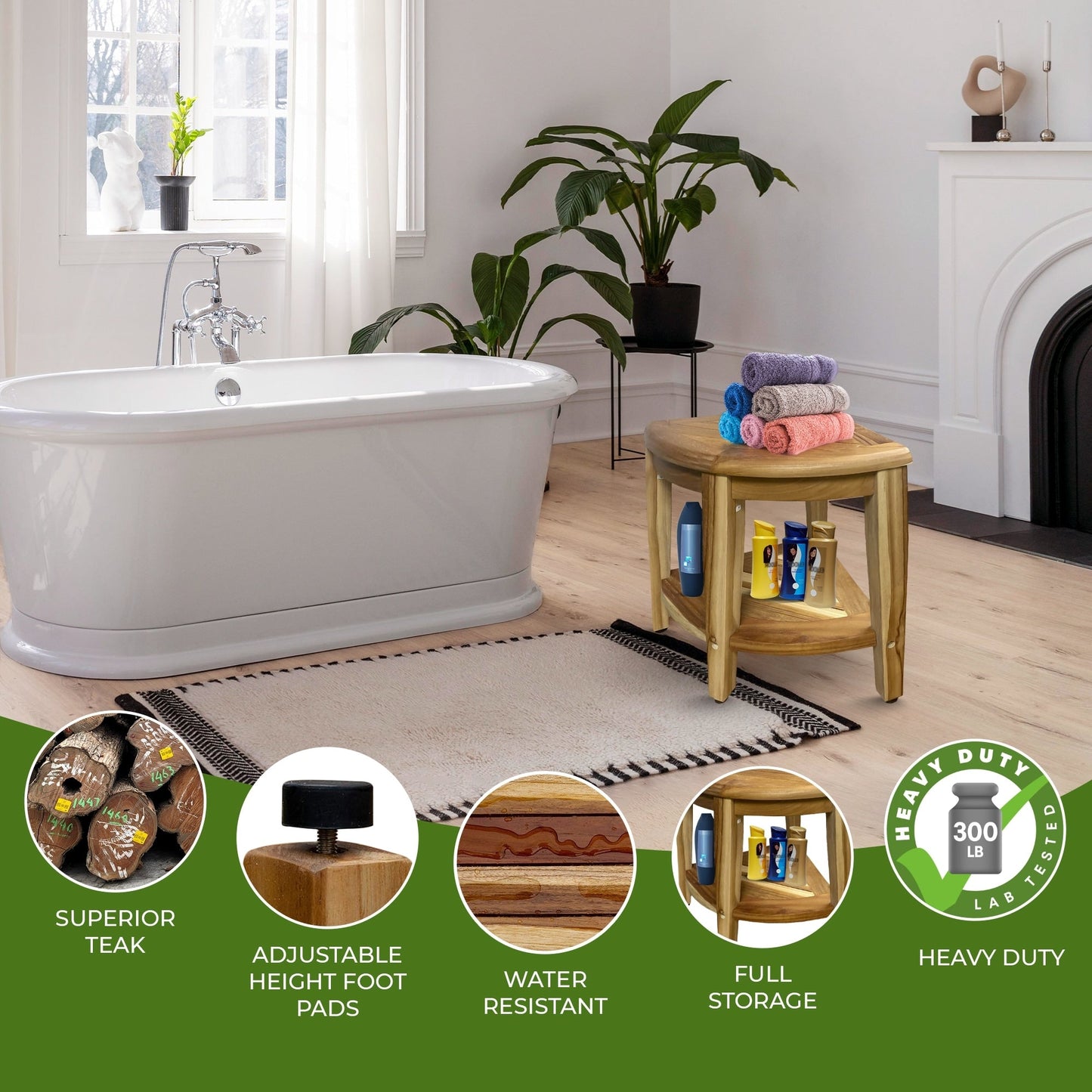 EcoDecors, Banc de douche d'angle Snazzy, Tabouret de douche en teck, Tabouret d'angle pour douche, Banc d'angle pour douche en teck, avec étagère