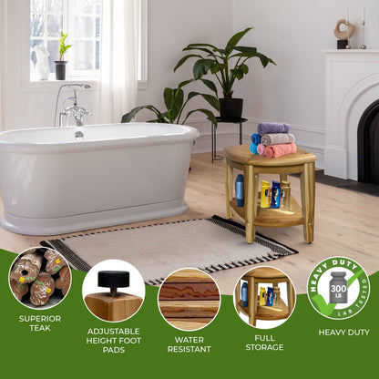 EcoDecors, Banc de douche d'angle Snazzy, Tabouret de douche en teck, Tabouret d'angle pour douche, Banc d'angle pour douche en teck, avec étagère