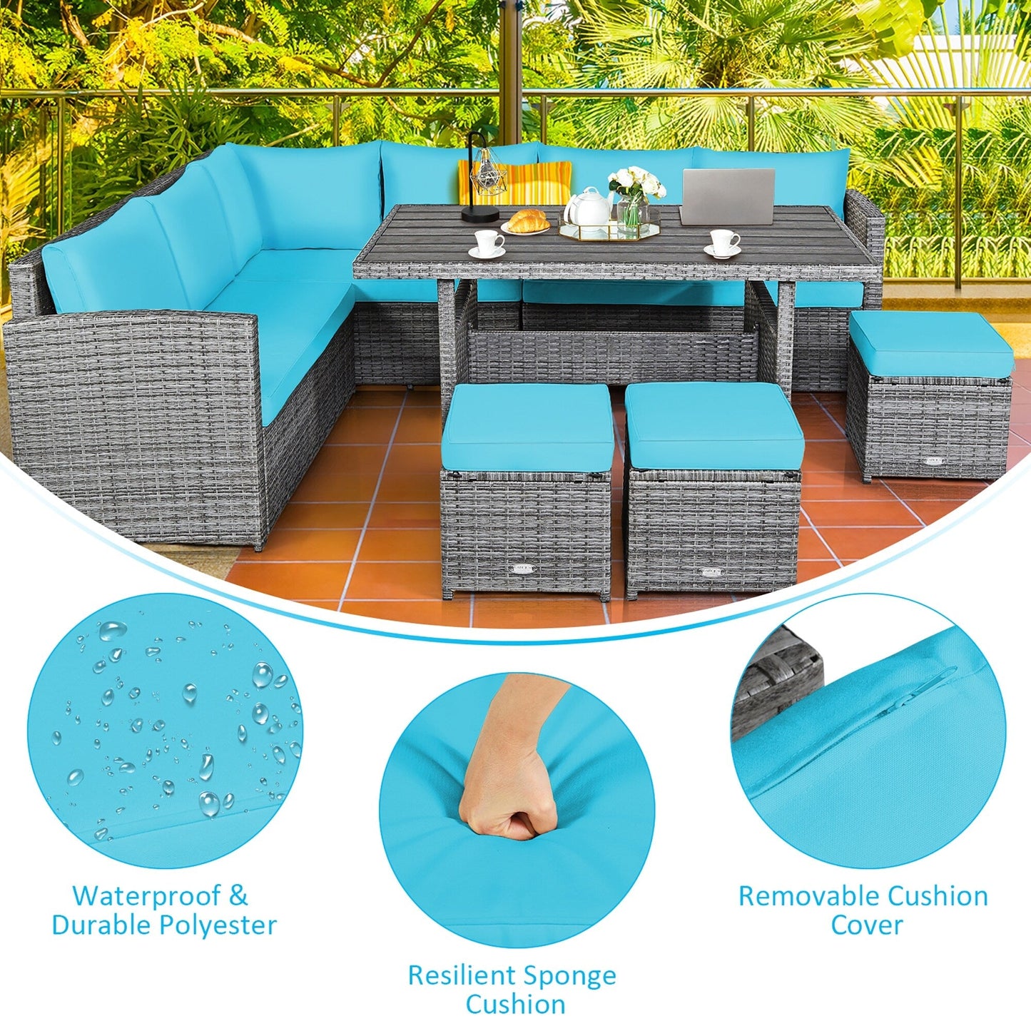 Costway Ensemble de salon en rotin pour patio, 7 pièces, avec canapé d'angle, pouf et ottoman - Voir les détails