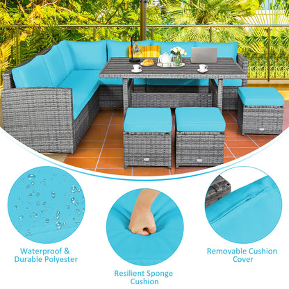 Costway Ensemble de salon en rotin pour patio, 7 pièces, avec canapé d'angle, pouf et ottoman - Voir les détails