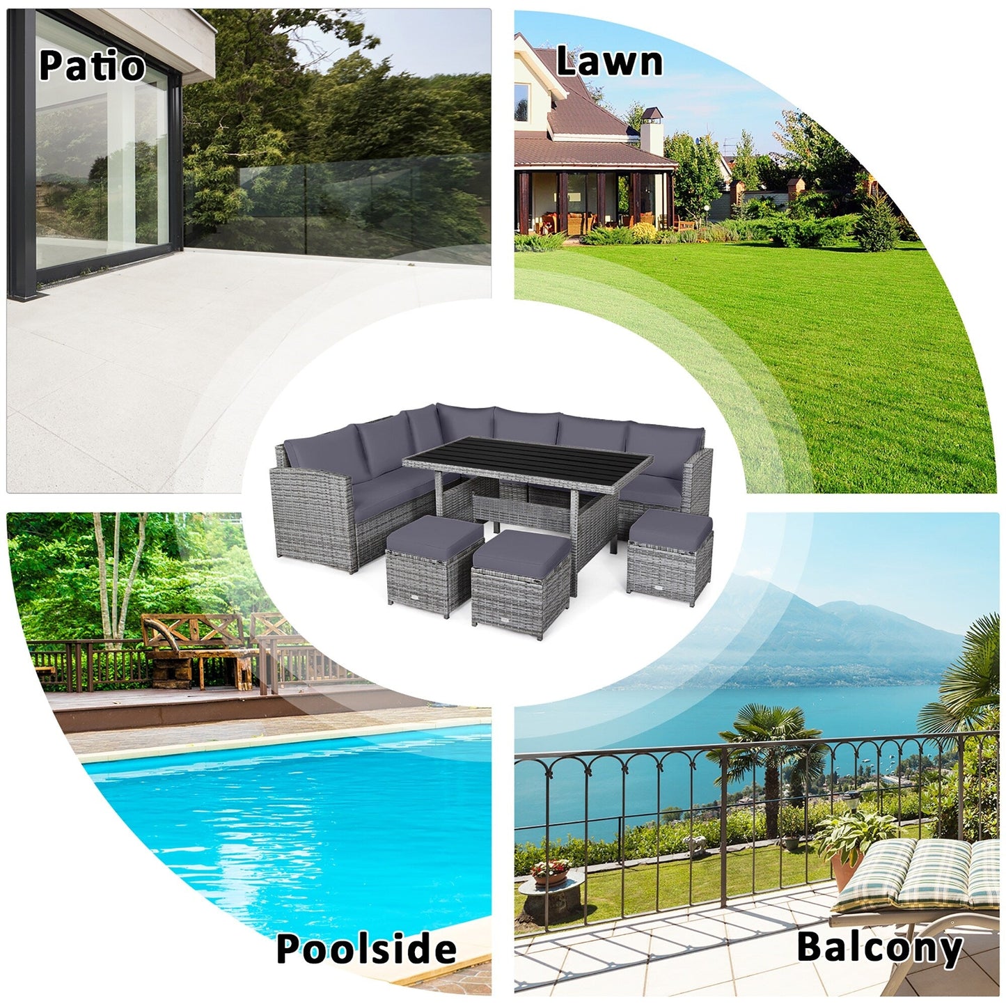 Costway Ensemble de salon en rotin pour patio, 7 pièces, avec canapé d'angle, pouf et ottoman - Voir les détails