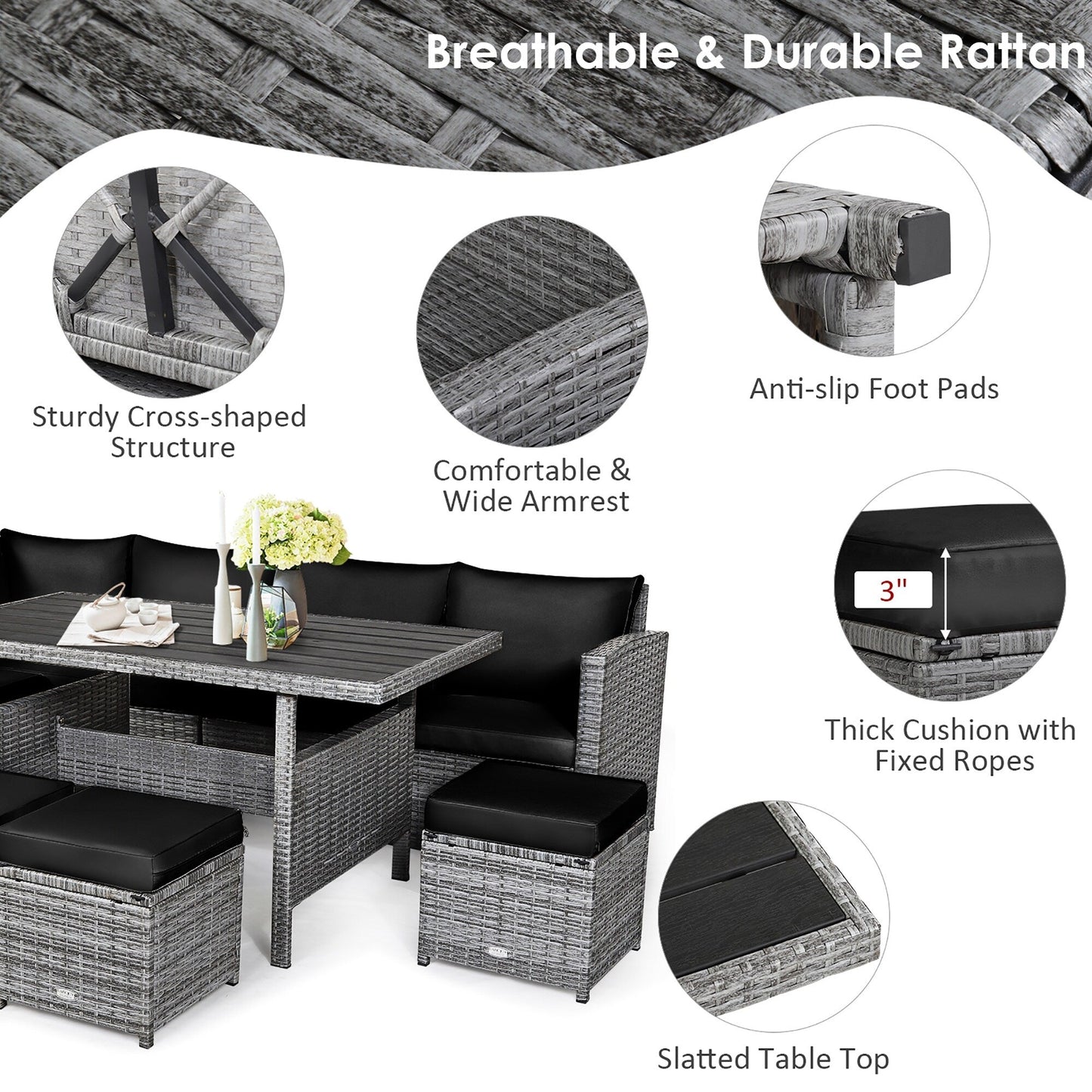 Costway Ensemble de salon en rotin pour patio, 7 pièces, avec canapé d'angle, pouf et ottoman - Voir les détails