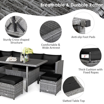 Costway Ensemble de salon en rotin pour patio, 7 pièces, avec canapé d'angle, pouf et ottoman - Voir les détails