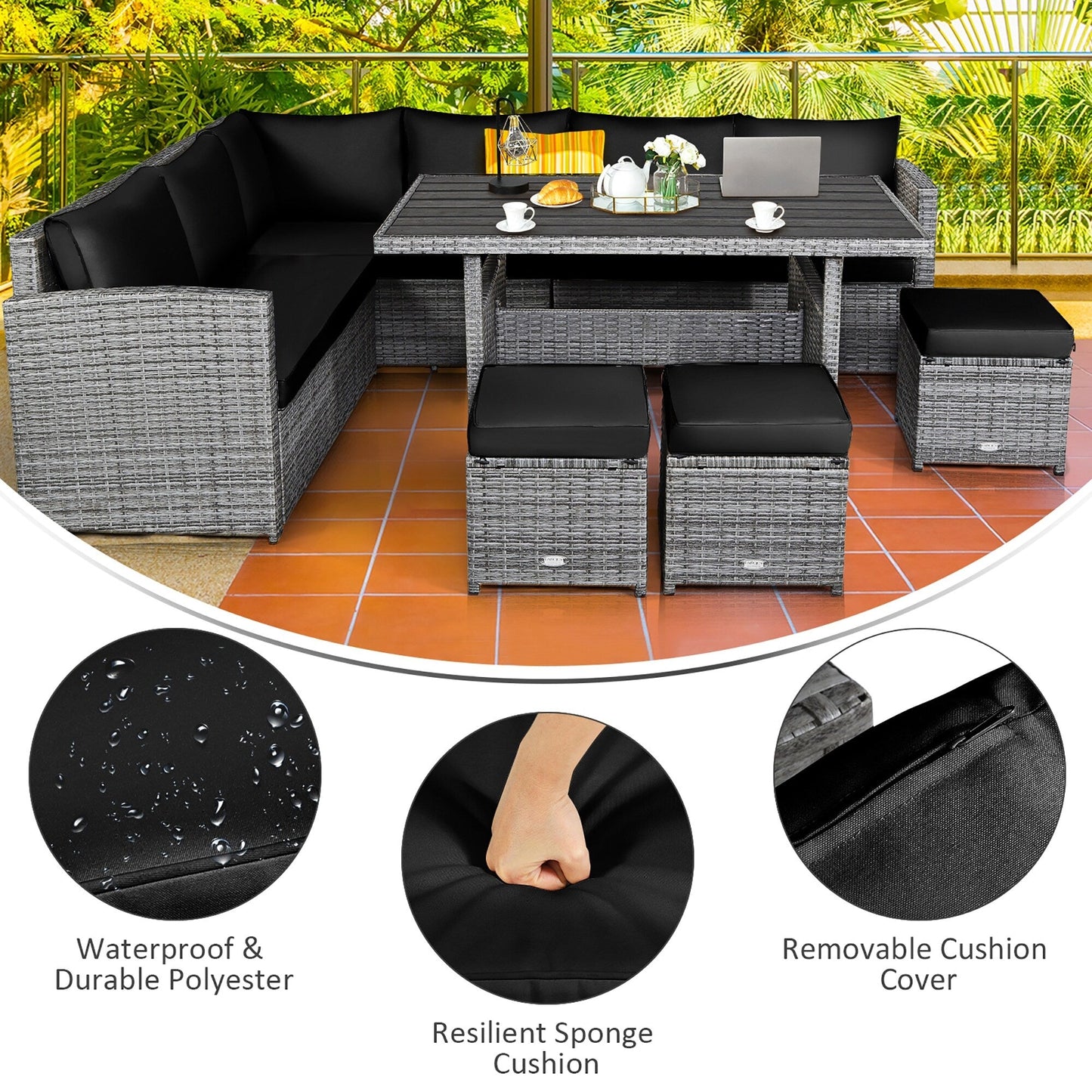 Costway Ensemble de salon en rotin pour patio, 7 pièces, avec canapé d'angle, pouf et ottoman - Voir les détails