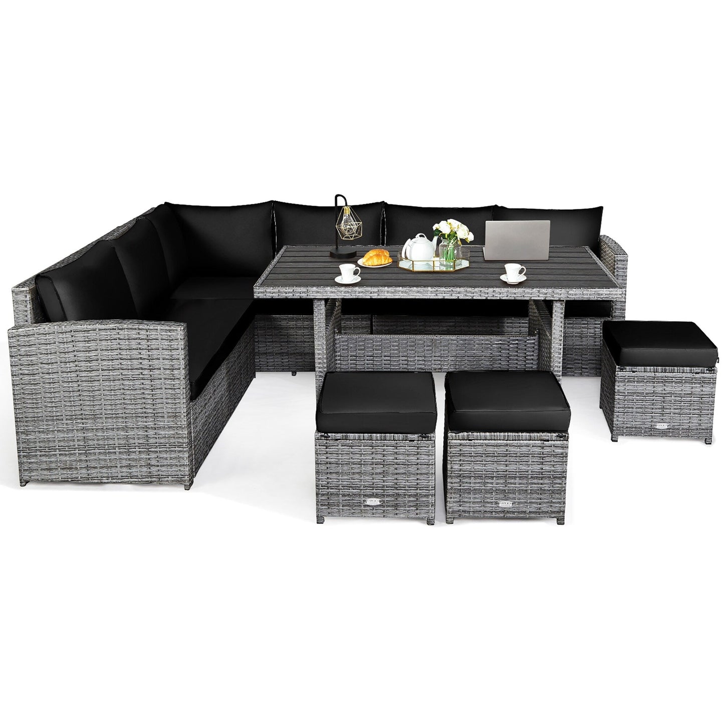 Costway Ensemble de salon en rotin pour patio, 7 pièces, avec canapé d'angle, pouf et ottoman - Voir les détails