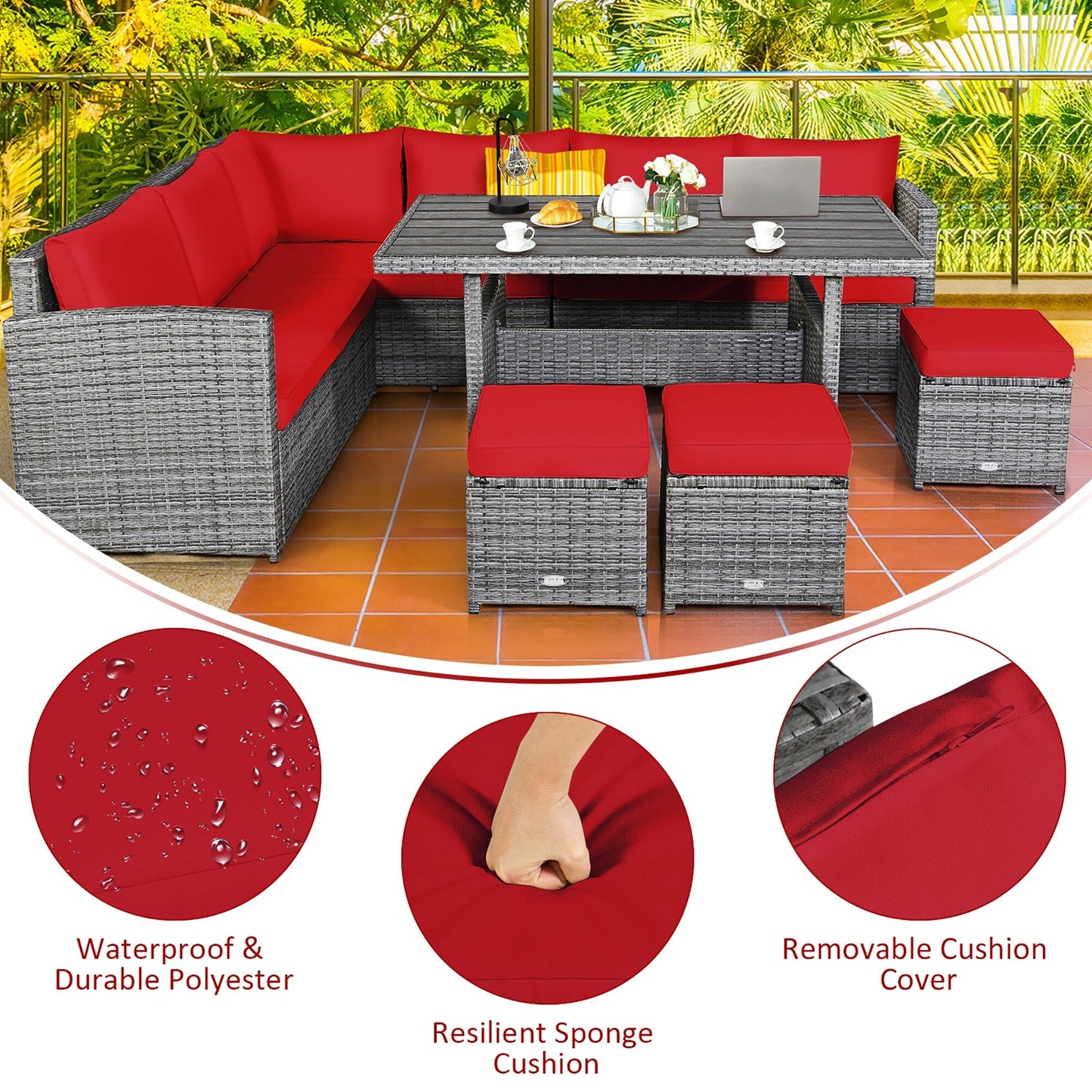 Costway Ensemble de salon en rotin pour patio, 7 pièces, avec canapé d'angle, pouf et ottoman - Voir les détails