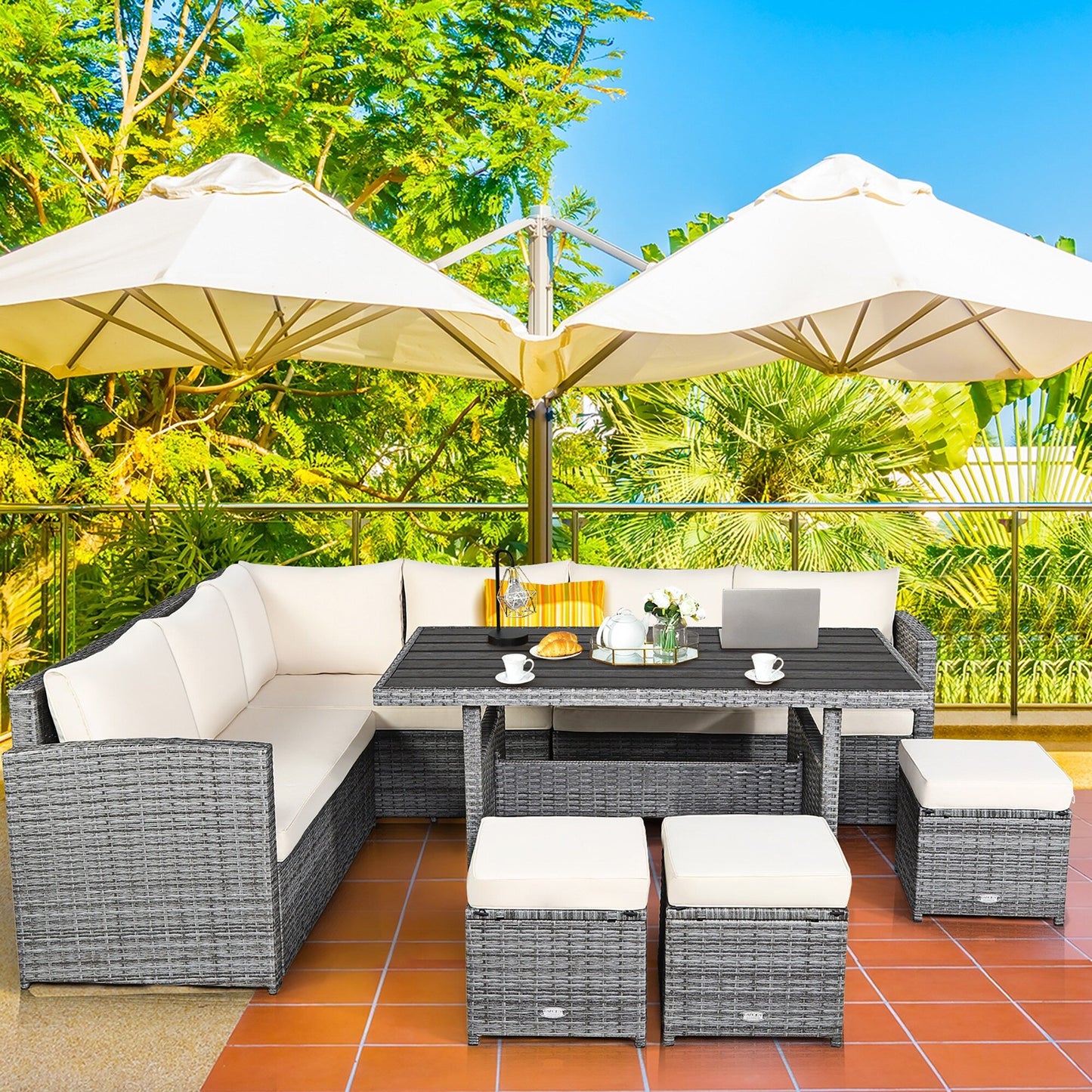 Costway Ensemble de salon en rotin pour patio, 7 pièces, avec canapé d'angle, pouf et ottoman - Voir les détails