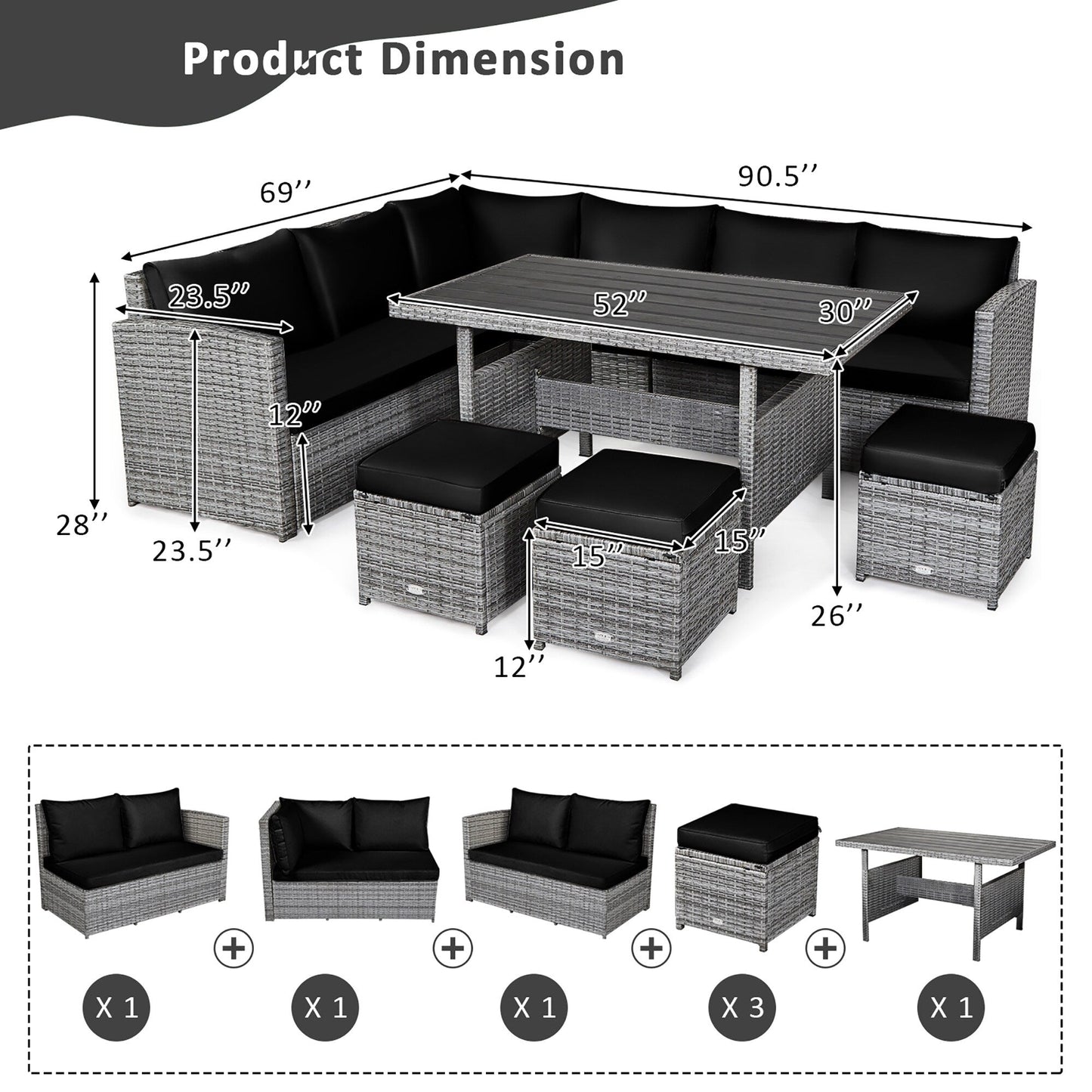 Costway Ensemble de salon en rotin pour patio, 7 pièces, avec canapé d'angle, pouf et ottoman - Voir les détails