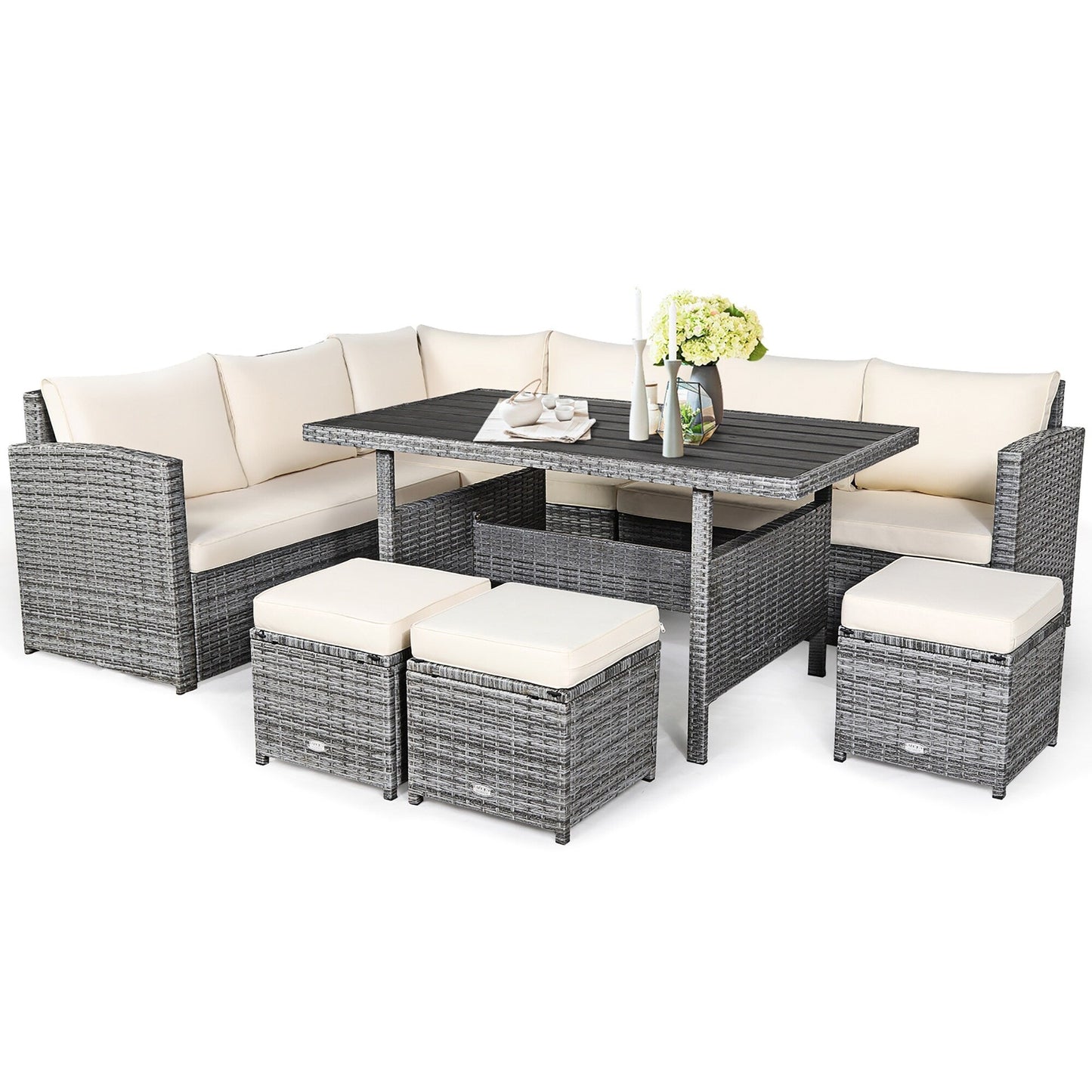 Costway Ensemble de salon en rotin pour patio, 7 pièces, avec canapé d'angle, pouf et ottoman - Voir les détails