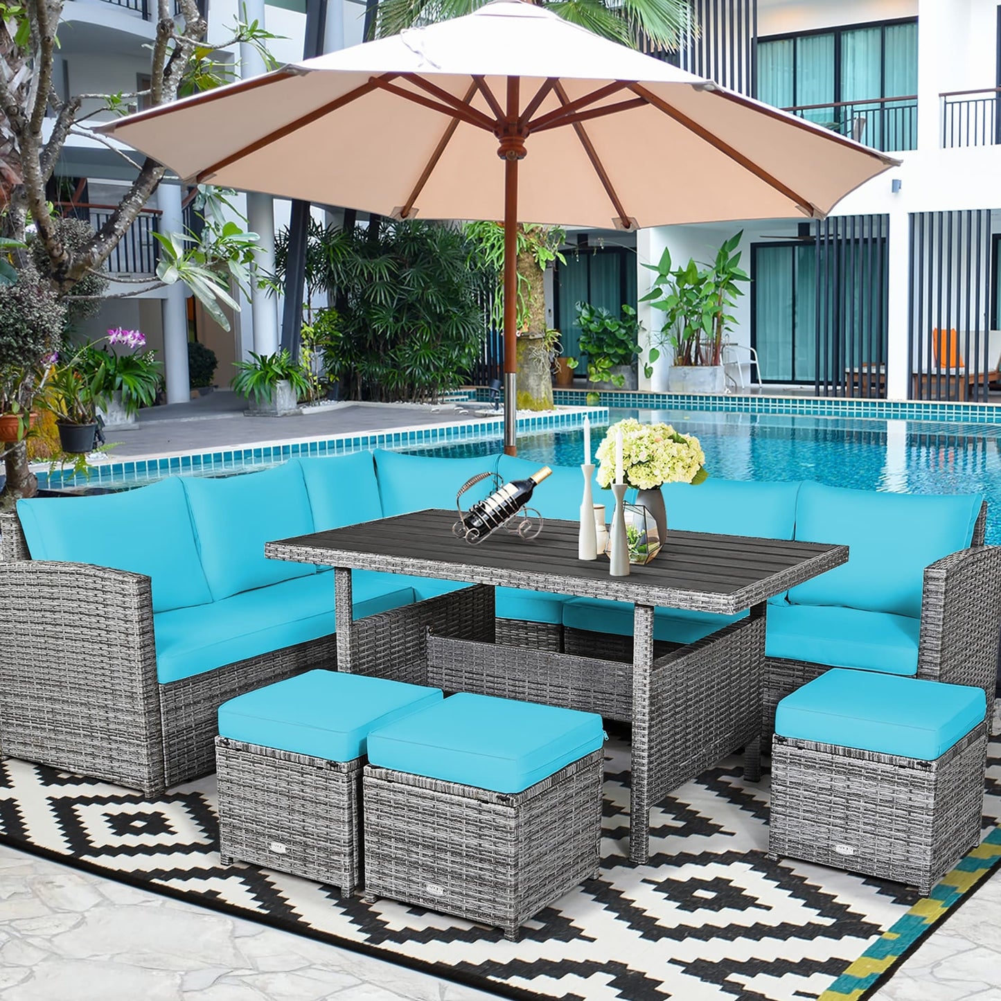 Costway Ensemble de salon en rotin pour patio, 7 pièces, avec canapé d'angle, pouf et ottoman - Voir les détails