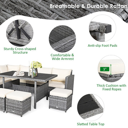 Costway Ensemble de salon en rotin pour patio, 7 pièces, avec canapé d'angle, pouf et ottoman - Voir les détails