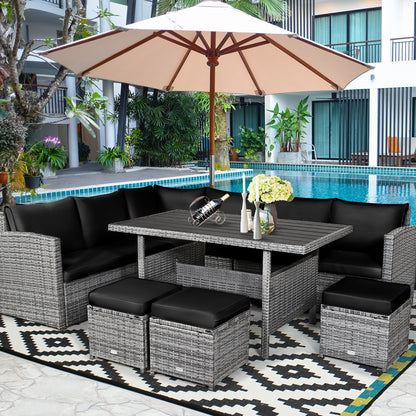 Costway Ensemble de salon en rotin pour patio, 7 pièces, avec canapé d'angle, pouf et ottoman - Voir les détails