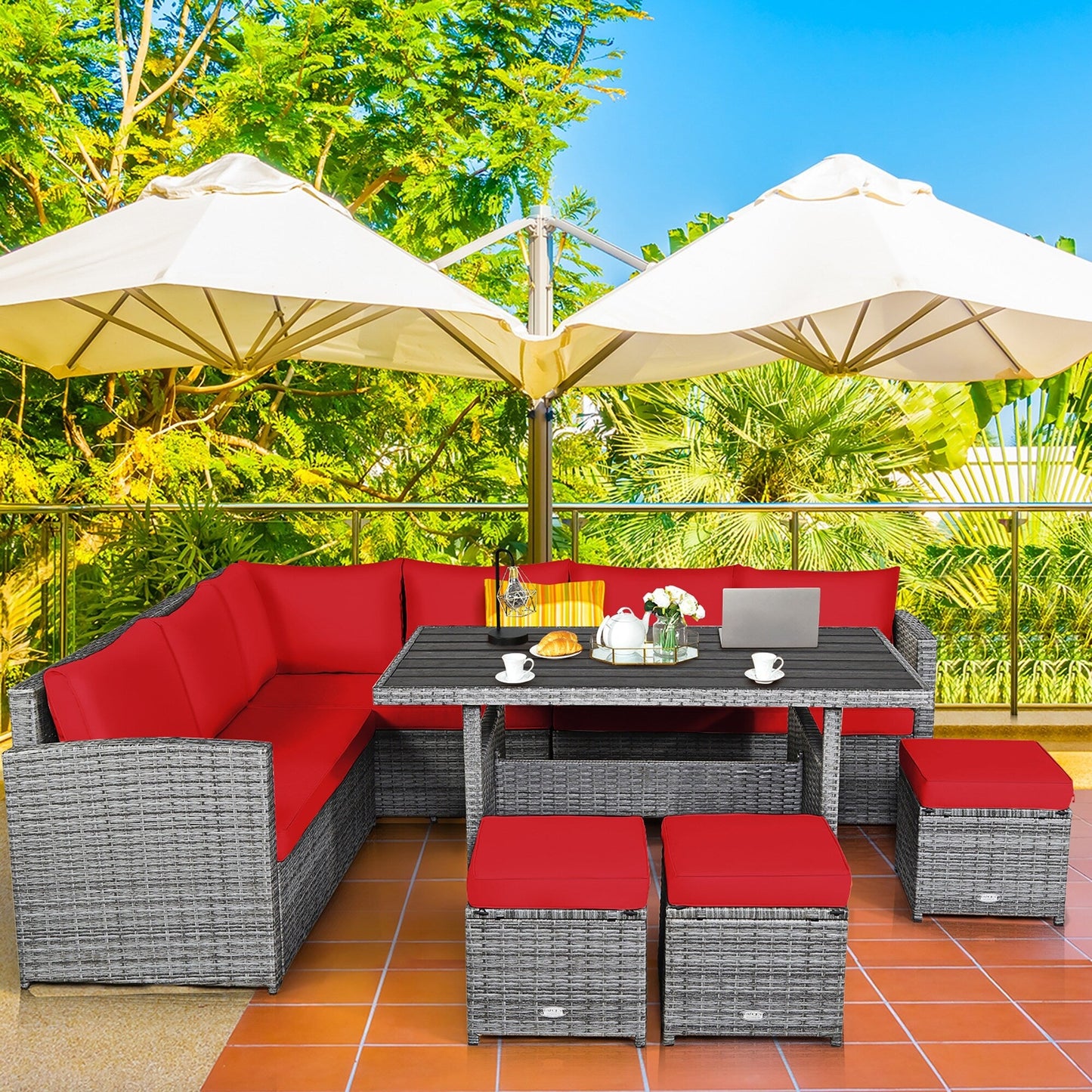 Costway Ensemble de salon en rotin pour patio, 7 pièces, avec canapé d'angle, pouf et ottoman - Voir les détails