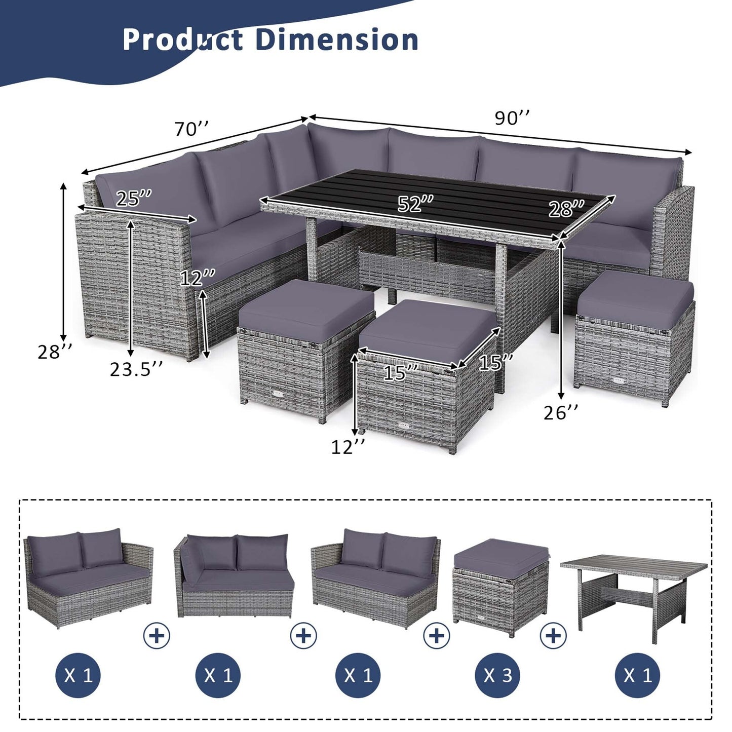 Costway Ensemble de salon en rotin pour patio, 7 pièces, avec canapé d'angle, pouf et ottoman - Voir les détails