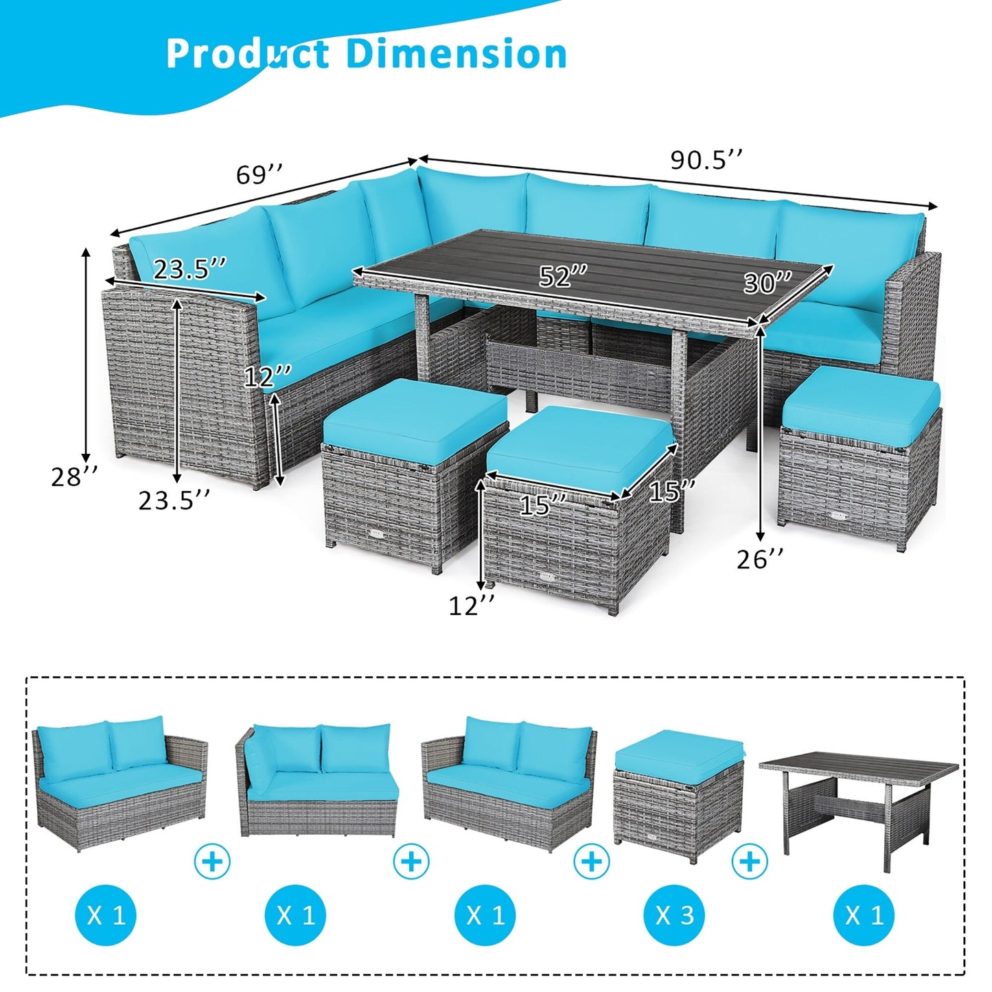 Costway Ensemble de salon en rotin pour patio, 7 pièces, avec canapé d'angle, pouf et ottoman - Voir les détails
