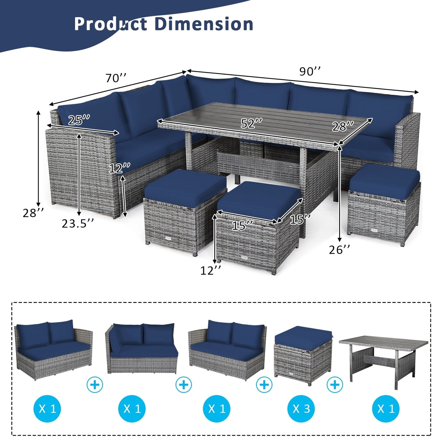 Costway Ensemble de salon en rotin pour patio, 7 pièces, avec canapé d'angle, pouf et ottoman - Voir les détails