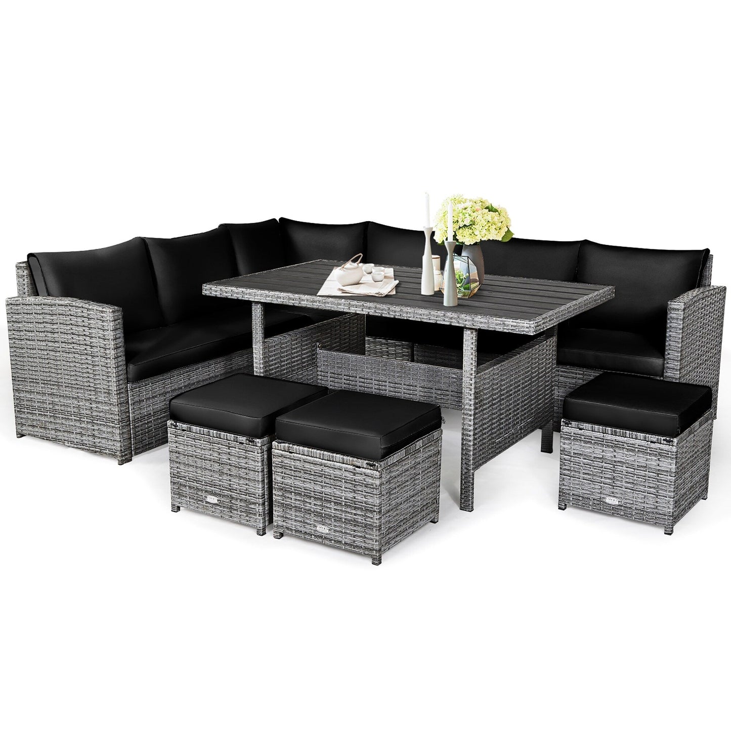 Costway Ensemble de salon en rotin pour patio, 7 pièces, avec canapé d'angle, pouf et ottoman - Voir les détails