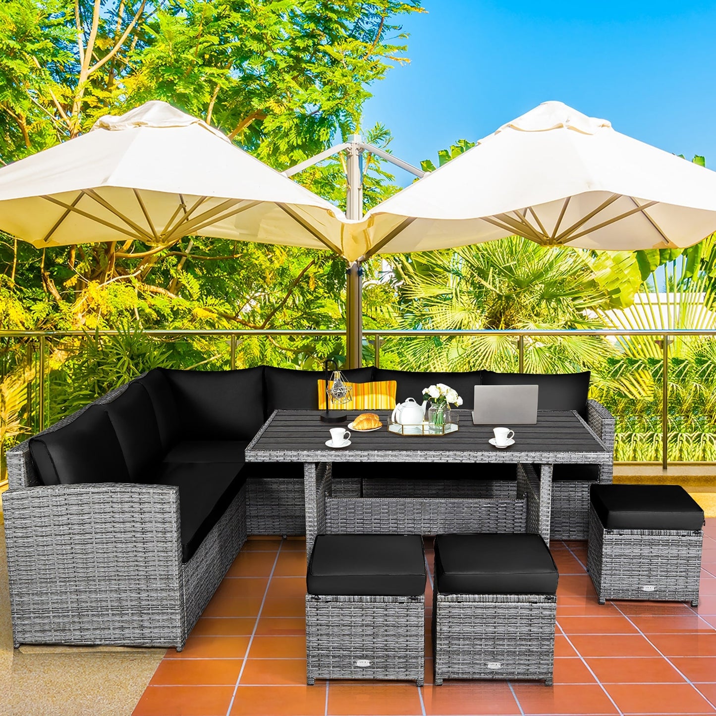 Costway Ensemble de salon en rotin pour patio, 7 pièces, avec canapé d'angle, pouf et ottoman - Voir les détails