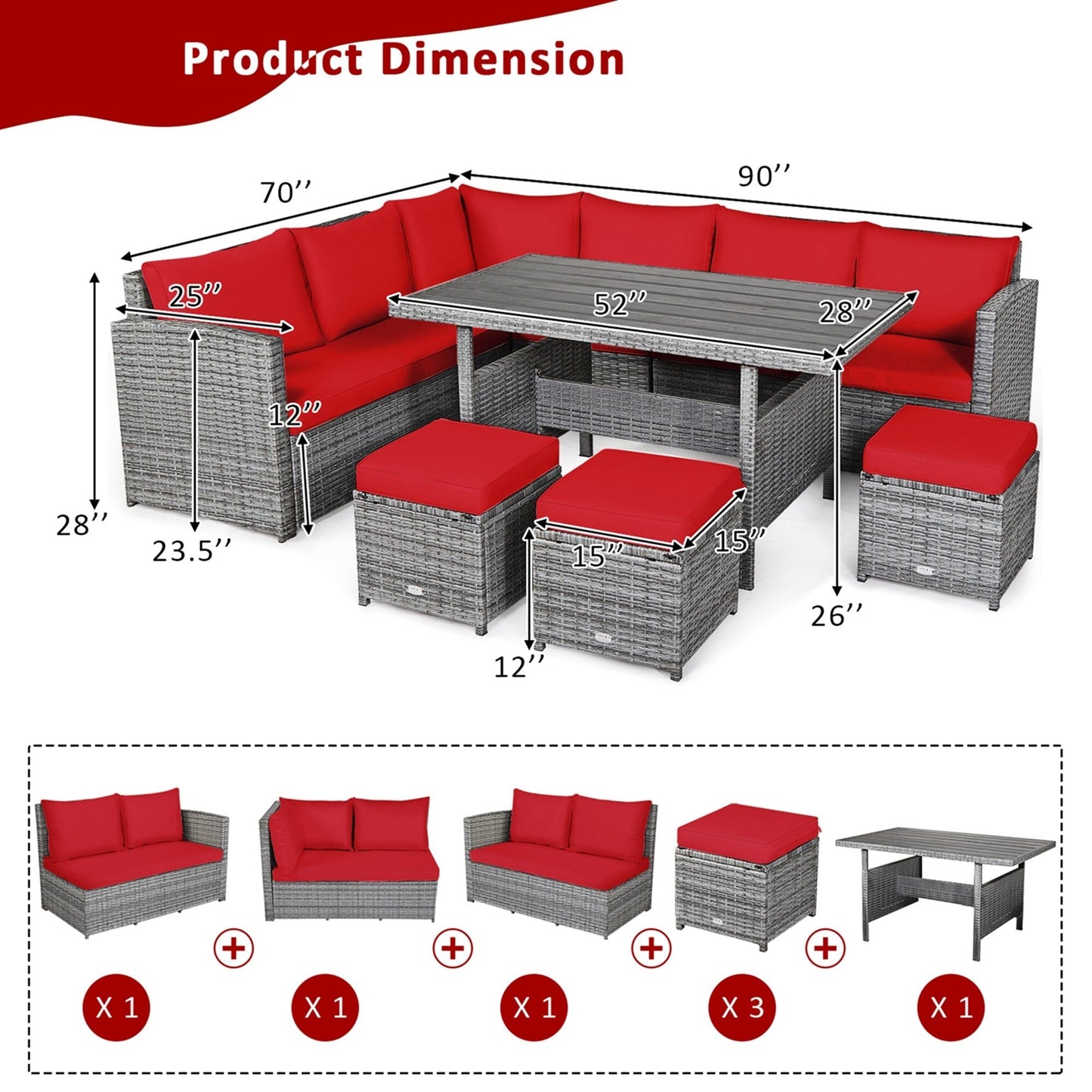 Costway Ensemble de salon en rotin pour patio, 7 pièces, avec canapé d'angle, pouf et ottoman - Voir les détails