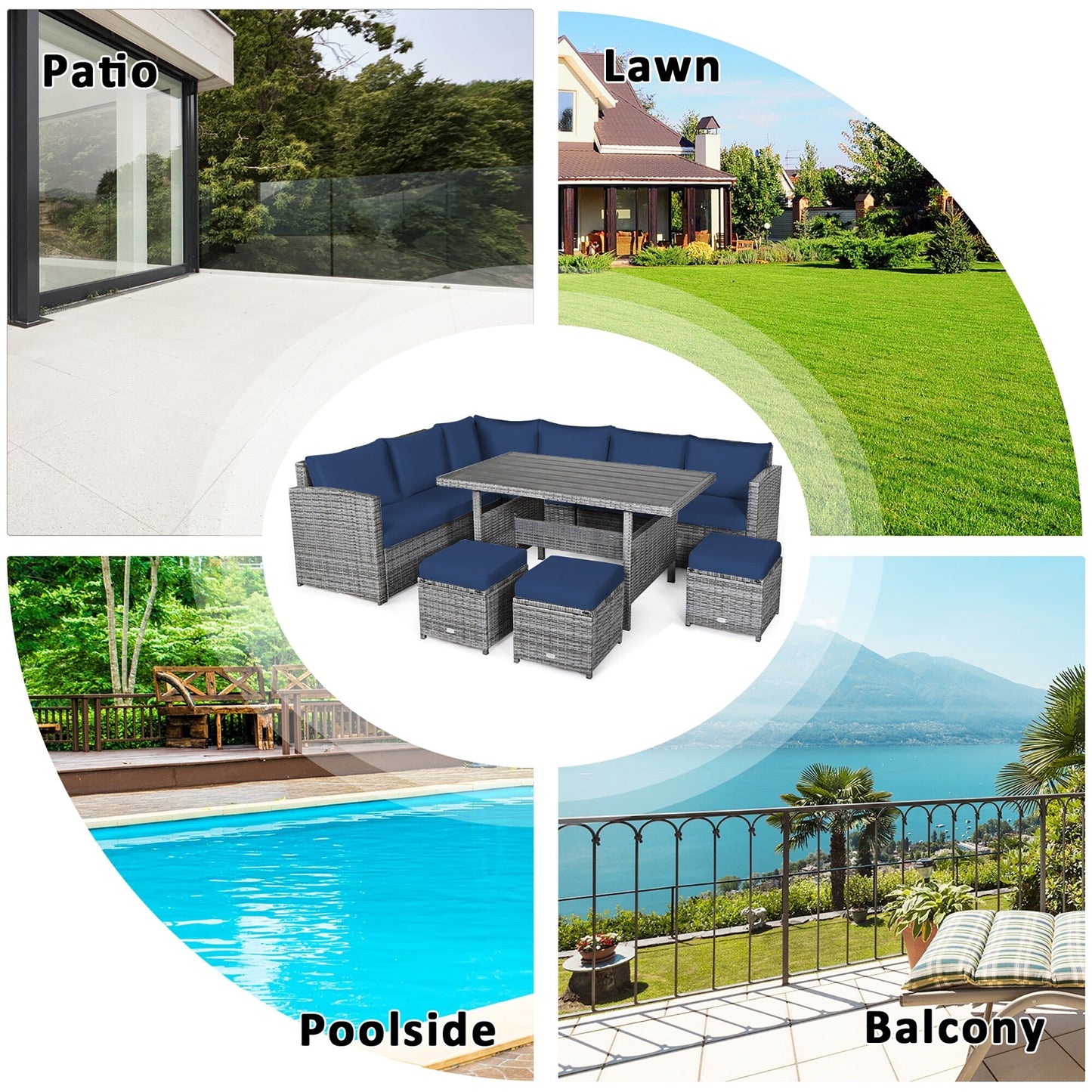 Costway Ensemble de salon en rotin pour patio, 7 pièces, avec canapé d'angle, pouf et ottoman - Voir les détails