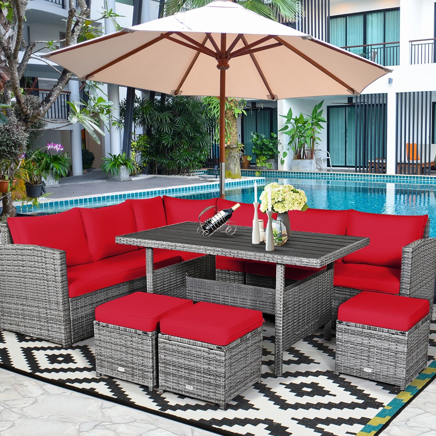 Costway Ensemble de salon en rotin pour patio, 7 pièces, avec canapé d'angle, pouf et ottoman - Voir les détails