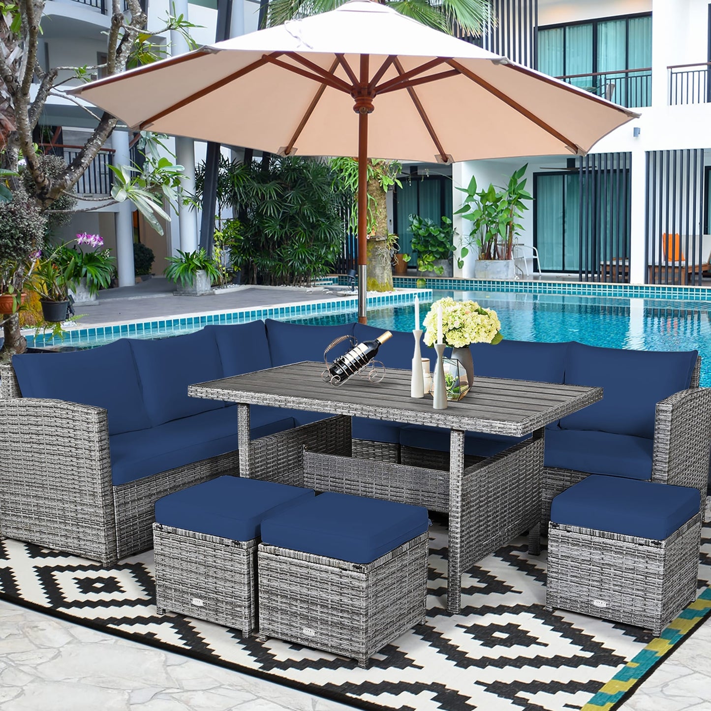 Costway Ensemble de salon en rotin pour patio, 7 pièces, avec canapé d'angle, pouf et ottoman - Voir les détails