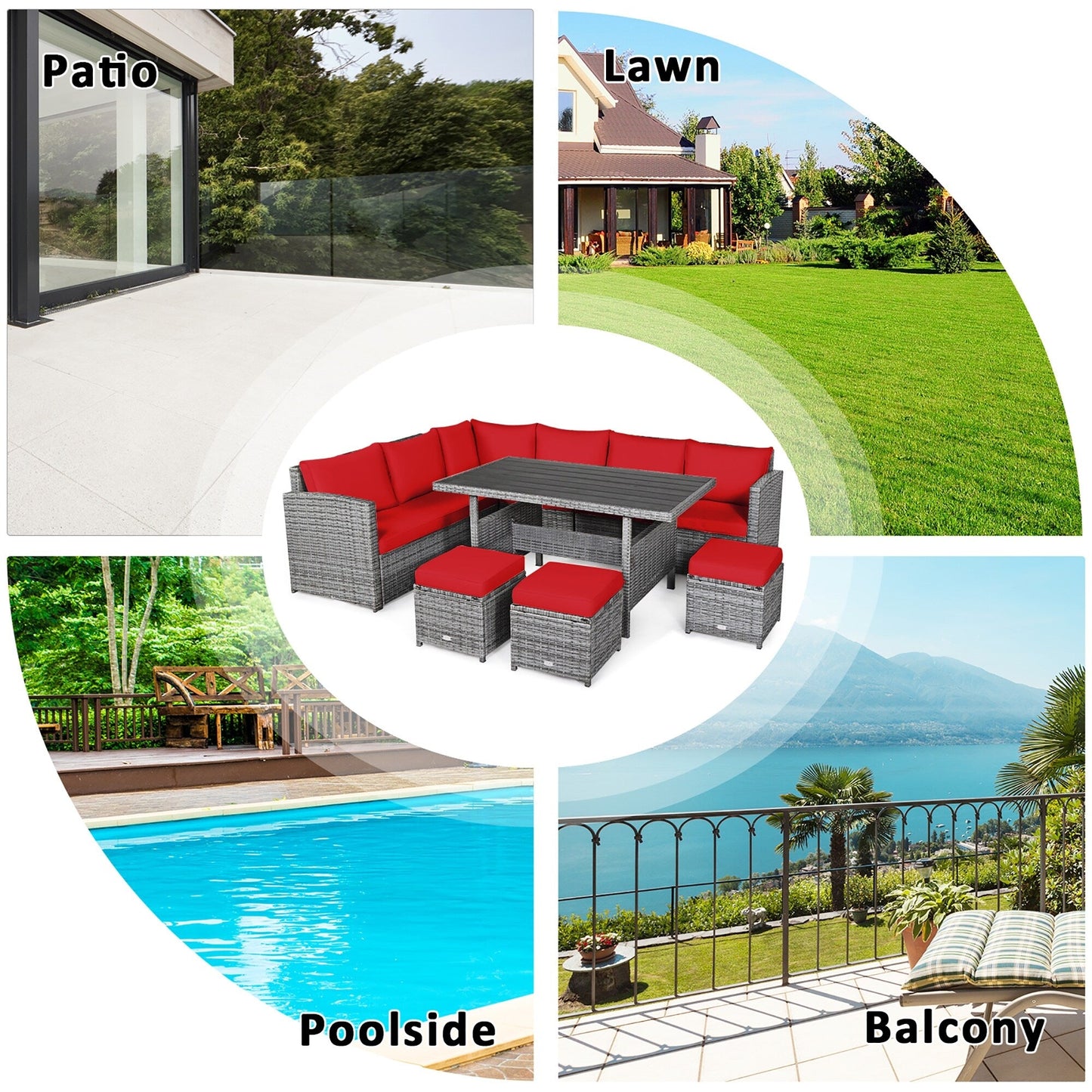 Costway Ensemble de salon en rotin pour patio, 7 pièces, avec canapé d'angle, pouf et ottoman - Voir les détails