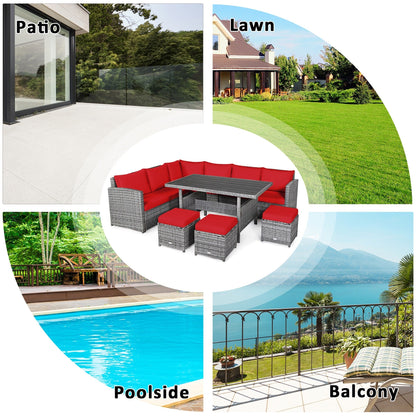 Costway Ensemble de salon en rotin pour patio, 7 pièces, avec canapé d'angle, pouf et ottoman - Voir les détails