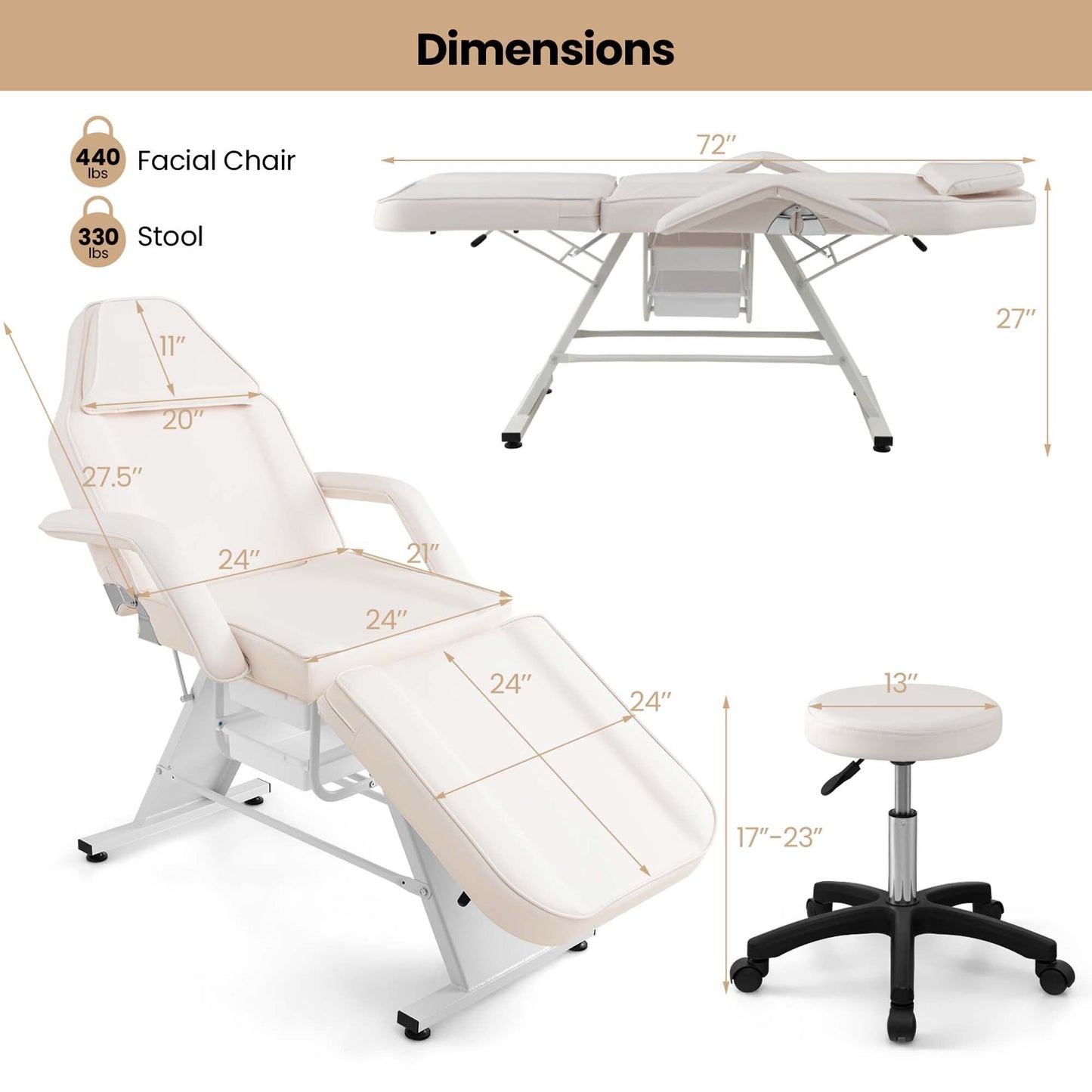 Table de massage Costway 72 avec tabouret hydraulique, dossier réglable et