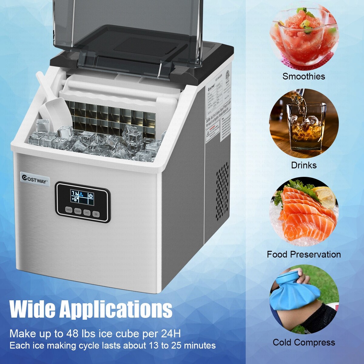 Machine à glaçons Costway en acier inoxydable, pour comptoir, 48 lbs/24h