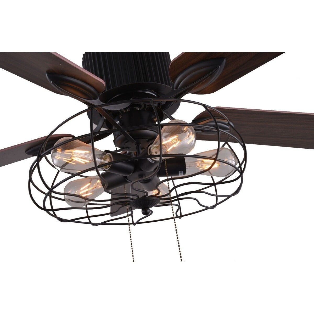 CurveCurio Ventilateur de plafond industriel style farmhouse à 5 lumières, cage noire, avec éclairage, télécommande et tirette, 42-48-52 pouces