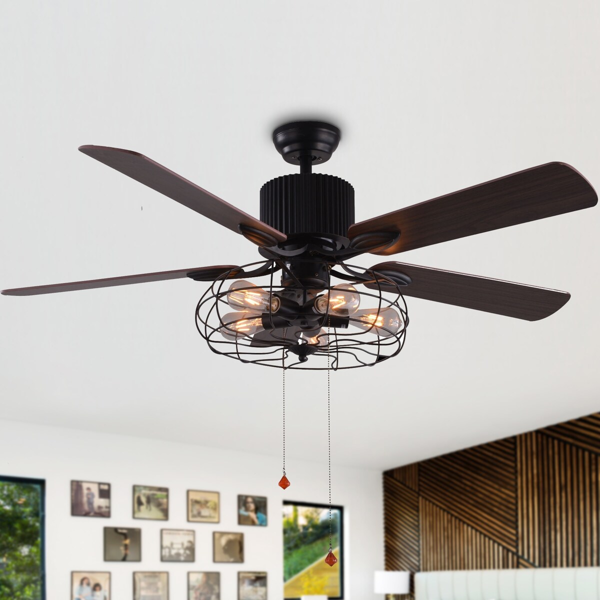 CurveCurio Ventilateur de plafond industriel style farmhouse à 5 lumières, cage noire, avec éclairage, télécommande et tirette, 42-48-52 pouces