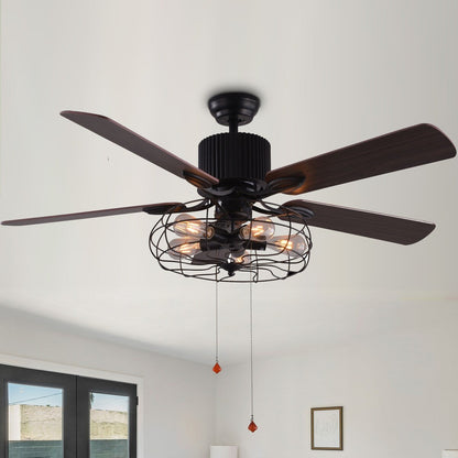 CurveCurio Ventilateur de plafond industriel style farmhouse à 5 lumières, cage noire, avec éclairage, télécommande et tirette, 42-48-52 pouces