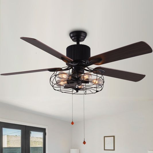 CurveCurio Ventilateur de plafond industriel style farmhouse à 5 lumières, cage noire, avec éclairage, télécommande et tirette, 42-48-52 pouces