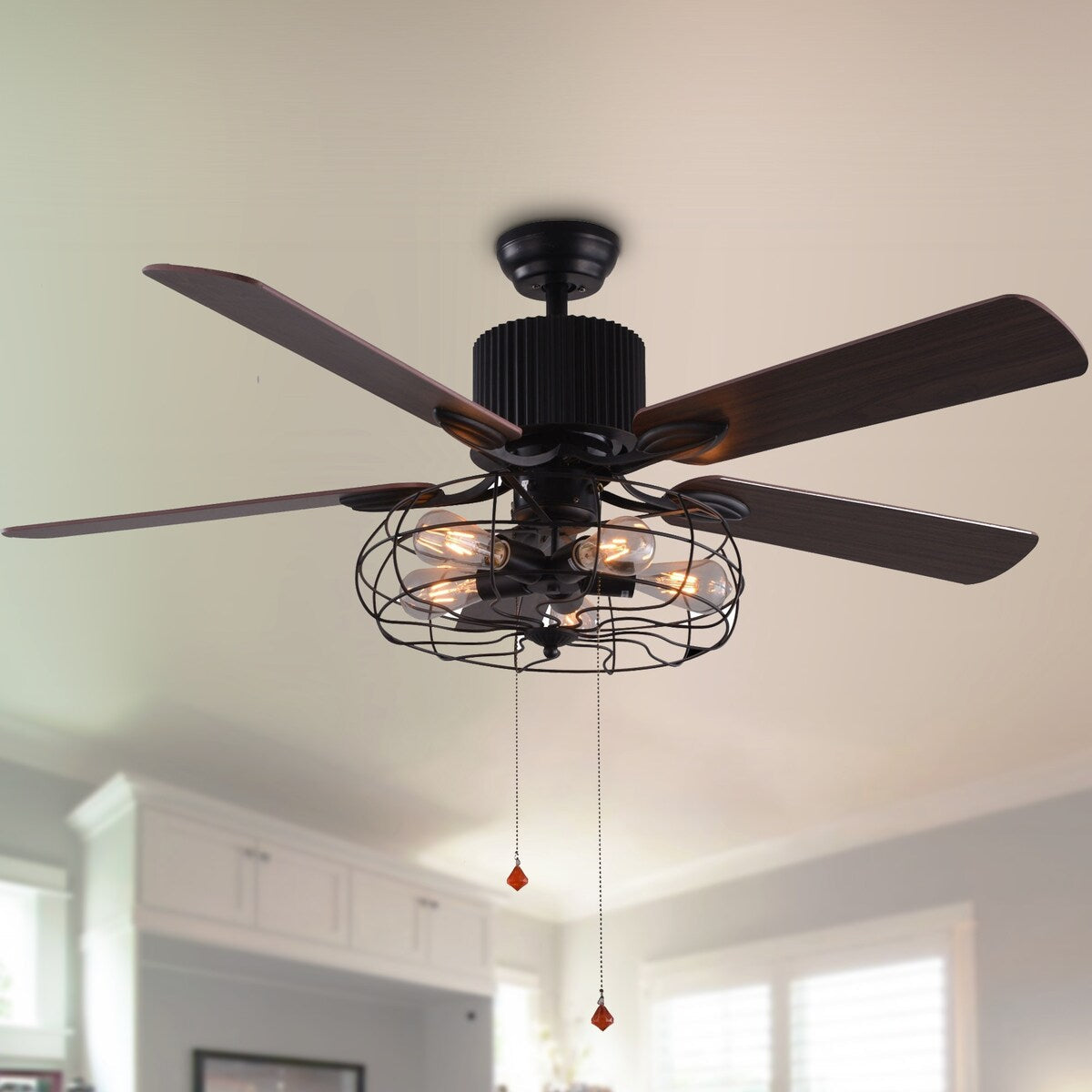 CurveCurio Ventilateur de plafond industriel style farmhouse à 5 lumières, cage noire, avec éclairage, télécommande et tirette, 42-48-52 pouces