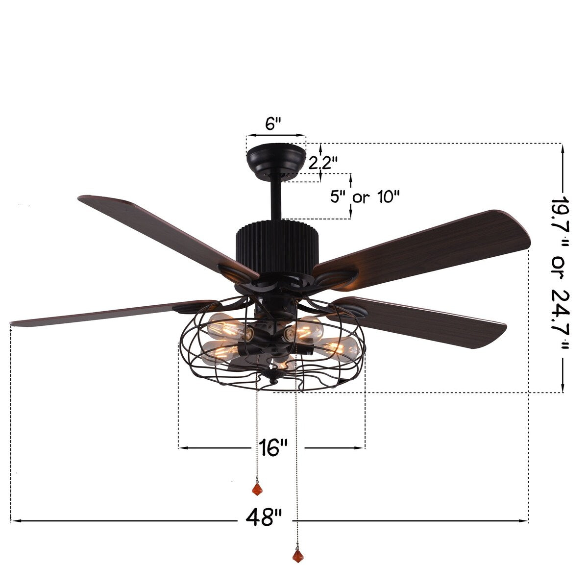 CurveCurio Ventilateur de plafond industriel style farmhouse à 5 lumières, cage noire, avec éclairage, télécommande et tirette, 42-48-52 pouces
