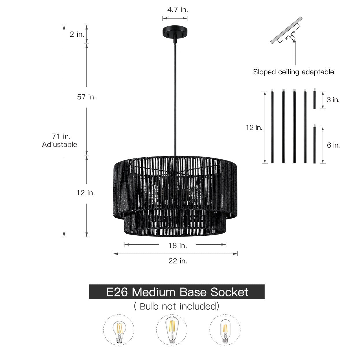 Suspension en rotin noir à 4 lumières, modèle Cynthia - 56 cm de largeur