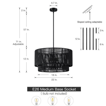 Suspension en rotin noir à 4 lumières, modèle Cynthia - 56 cm de largeur