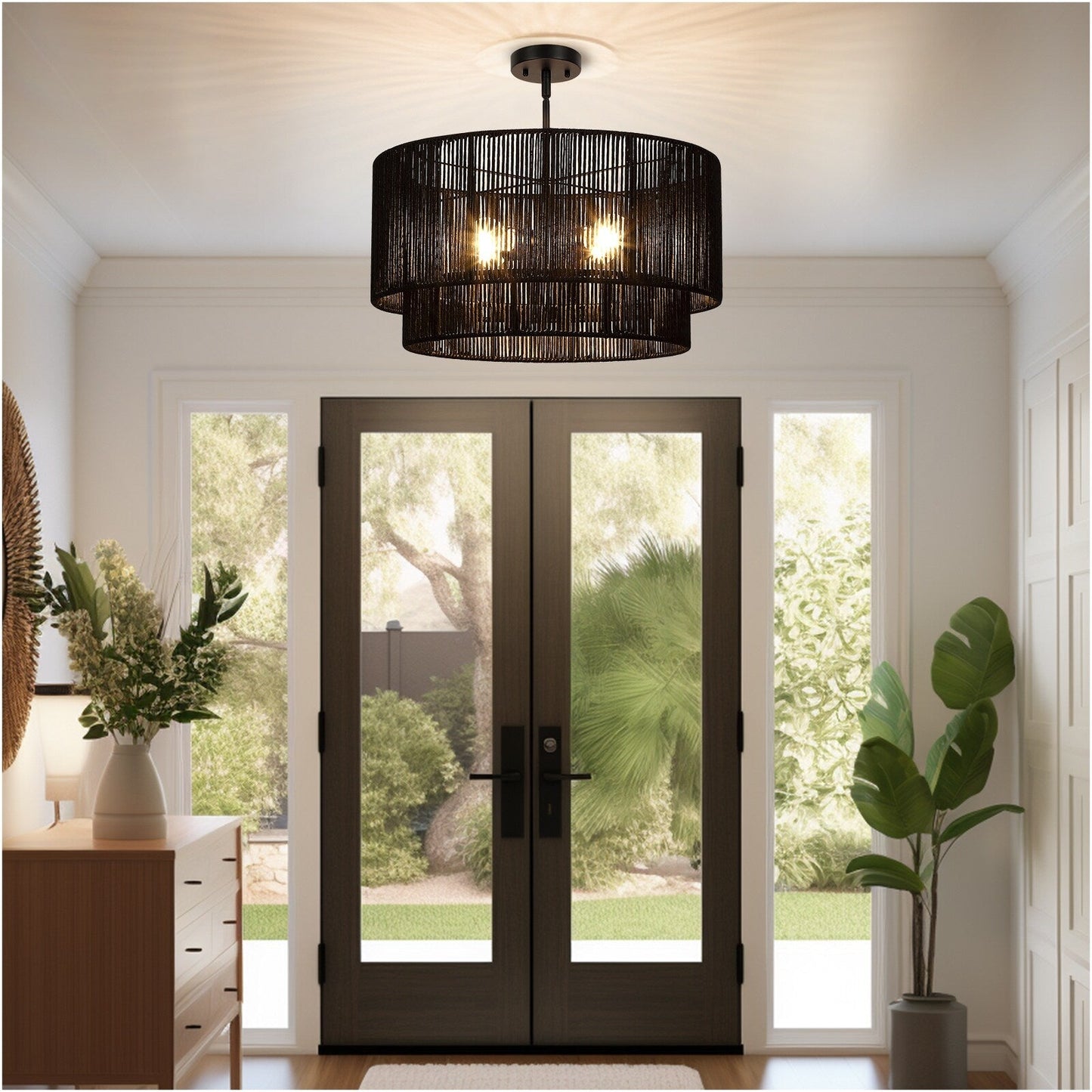 Suspension en rotin noir à 4 lumières, modèle Cynthia - 56 cm de largeur