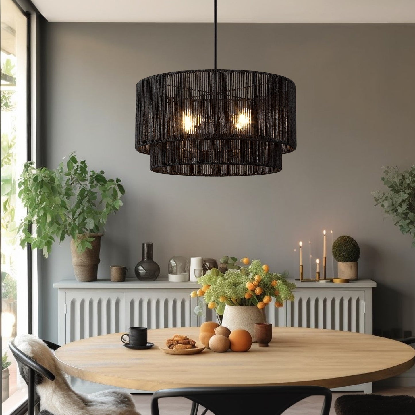 Suspension en rotin noir à 4 lumières, modèle Cynthia - 56 cm de largeur