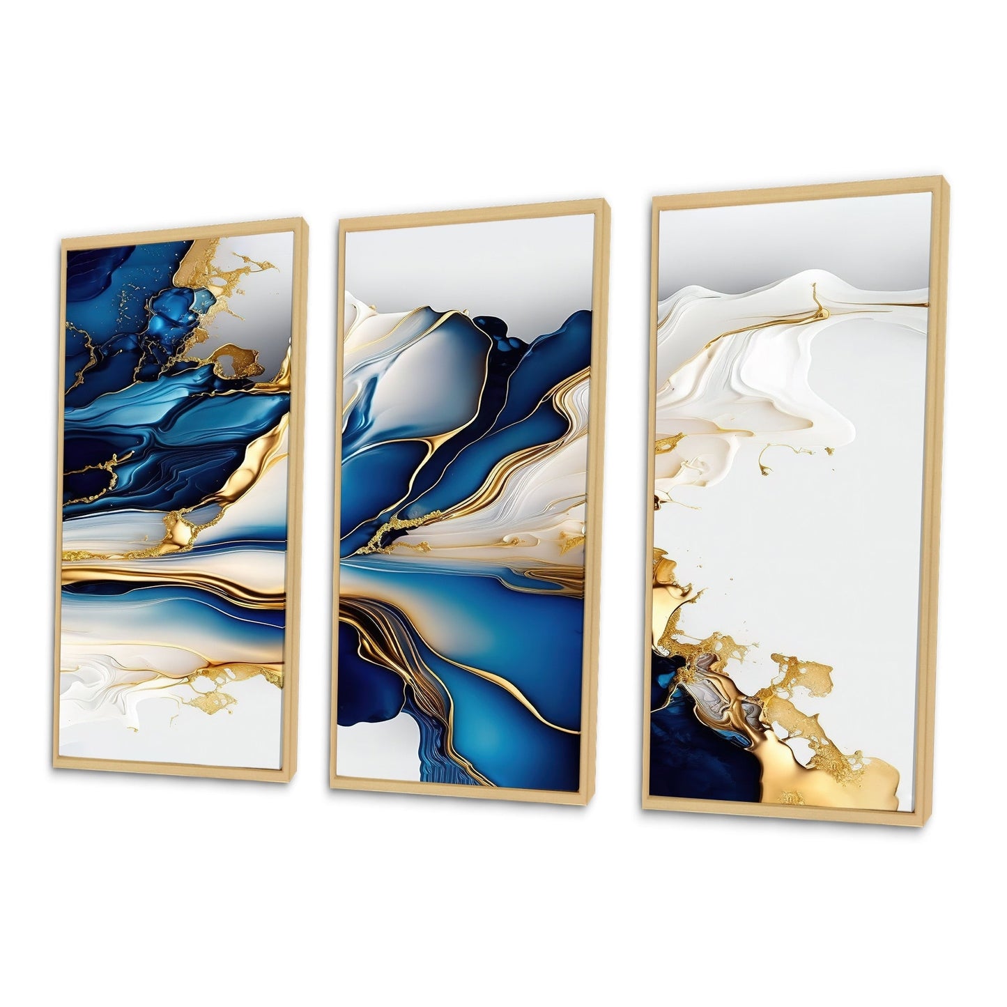 Designart Impression sur toile encadrée d'art abstrait géode, forme de marbre doré et bleu III, géométrique moderne - 3 panneaux