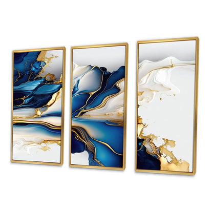 Designart Impression sur toile encadrée d'art abstrait géode, forme de marbre doré et bleu III, géométrique moderne - 3 panneaux