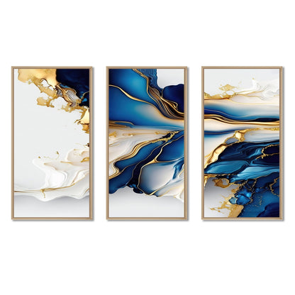 Designart Impression sur toile encadrée d'art abstrait géode, forme de marbre doré et bleu III, géométrique moderne - 3 panneaux