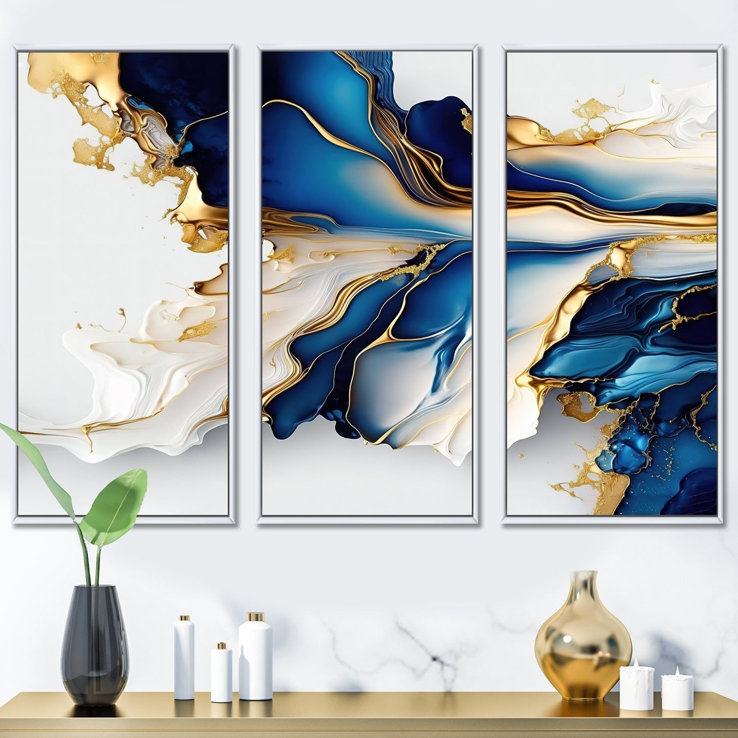 Designart Impression sur toile encadrée d'art abstrait géode, forme de marbre doré et bleu III, géométrique moderne - 3 panneaux