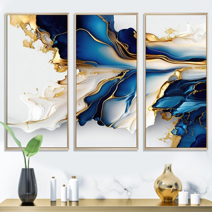 Designart Impression sur toile encadrée d'art abstrait géode, forme de marbre doré et bleu III, géométrique moderne - 3 panneaux