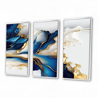 Designart Impression sur toile encadrée d'art abstrait géode, forme de marbre doré et bleu III, géométrique moderne - 3 panneaux