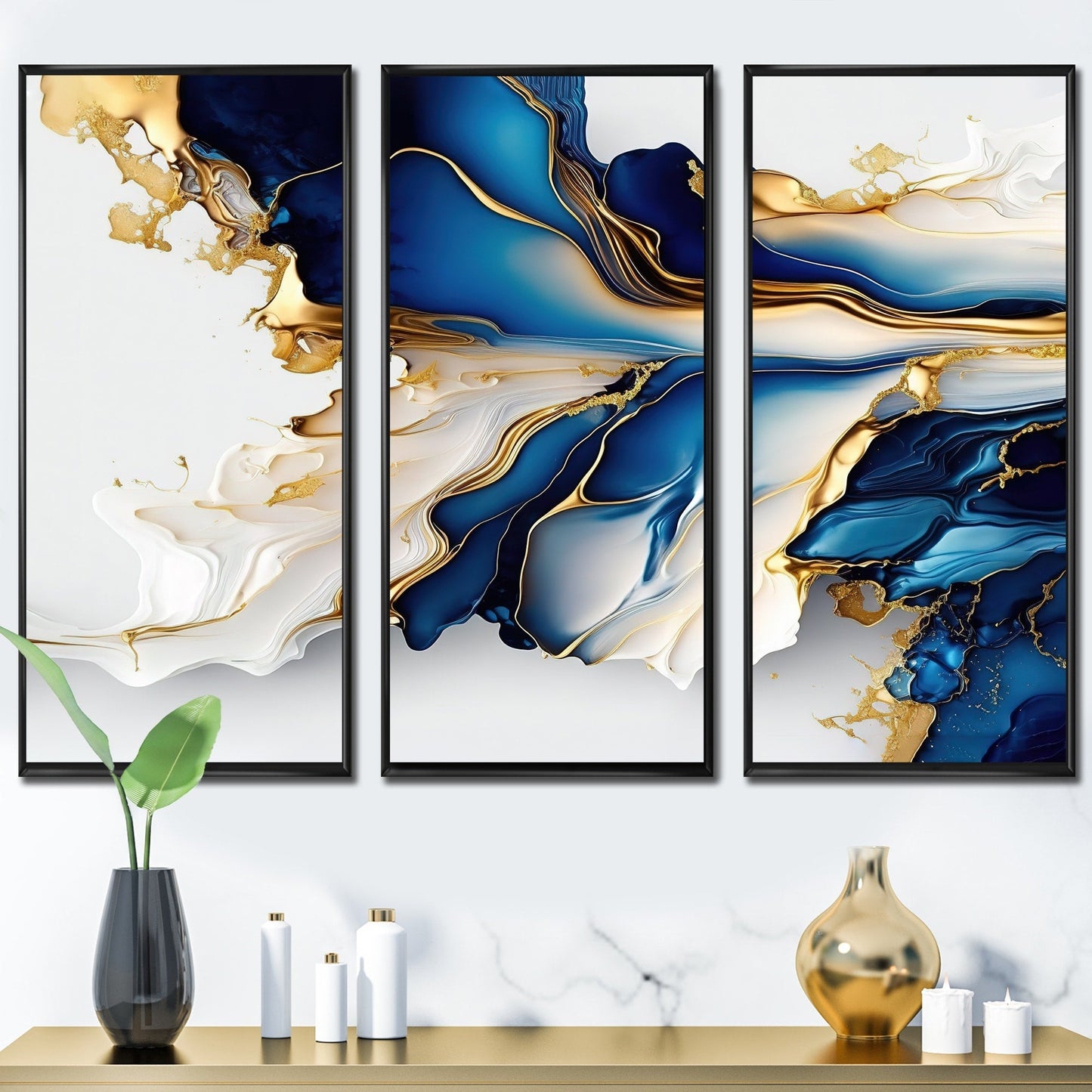 Designart Impression sur toile encadrée d'art abstrait géode, forme de marbre doré et bleu III, géométrique moderne - 3 panneaux