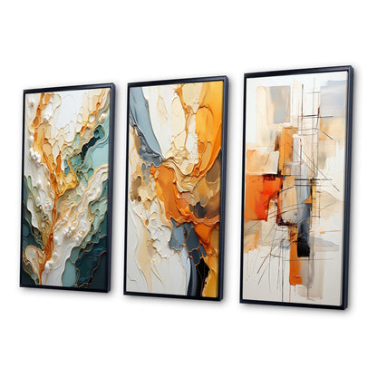Designart Ensemble de 3 tableaux muraux encadrés représentant des lignes oranges et blanches, art abstrait organique, pour la décoration du salon.