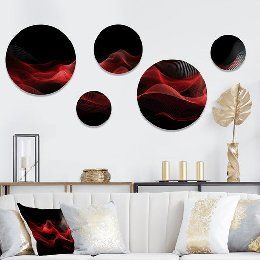 Designart Red Black Contemplative Abstraction IX Modern Waves - Ensemble de 5 décorations murales rondes en métal